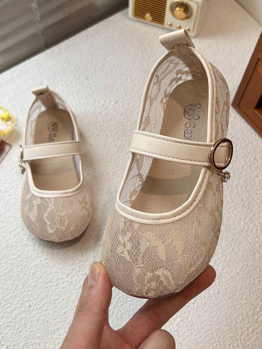 女童鞋！蕾丝网眼公主鞋，可爱针织刺绣款式，时尚平底鞋，舒适百搭 - 杏色 - 查看 1