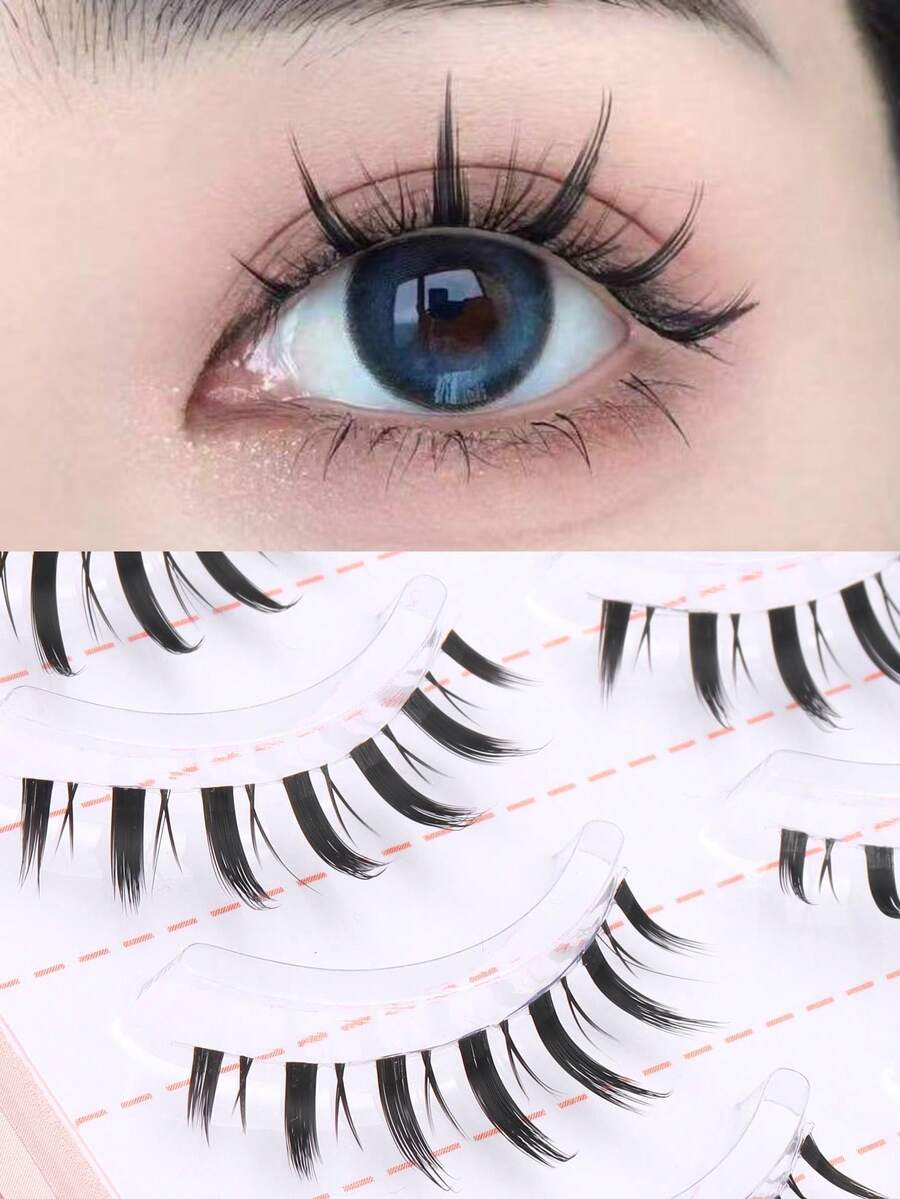 5 Pairs Clear Band Anime Lashes Spiky Anime False Eyelashes Natural Look, Lashes Looks Like Cluster Manga Lashes Individual, Cosplay Wispy Strip Eyelashes - Spiky Manga Lashes - View 1
