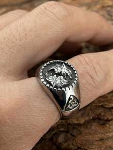 European And American Fashion Personalized Double Wolf Head Stainless Steel Ring, Unisex US Size, 1PC, Suitable For Boyfriend, Friend, Couples, Couple Wear - Twin Wolves - View 1