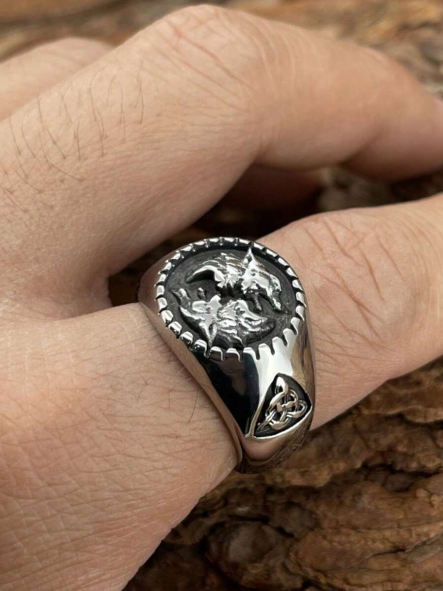 European And American Fashion Personalized Double Wolf Head Stainless Steel Ring, Unisex US Size, 1PC, Suitable For Boyfriend, Friend, Couples, Couple Wear - Twin Wolves - View 1