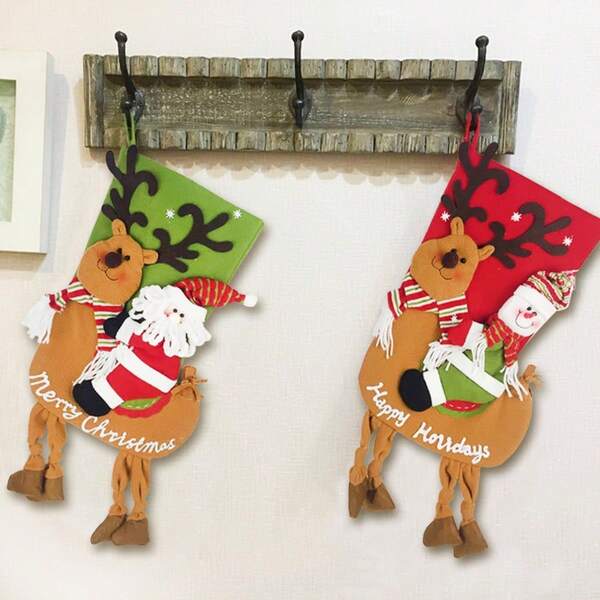 كيستان هدايا بتصميم بابا نويل والرنة، أكياس هدايا جوارب، لوازم عيد الميلاد، قطعتان