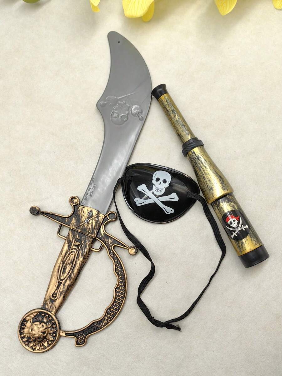 Set da 3 pezzi di accessori da pirata (coltello realistico, cannocchiale, benda per occhio) adatti per servizi fotografici, feste in costume, palcoscenico, giochi di Ognissanti