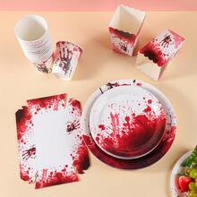 Halloween Horror Bloody Handprint Disposable Plate, Cup, Popcorn Box, Food Container Set, Party Supplies, Suitable For 24 Guests, Disposable Paper Plate Party Tableware Set For Birthday, Wedding, Party, Family Picnic