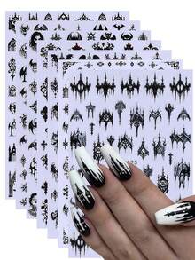 Bộ 7 miếng dán móng tay nghệ thuật Gothic màu đen, decal móng tay Halloween phong cách Gothic, họa tiết dây leo đen, thánh giá, dơi và đầu lâu, phụ kiện trang trí móng tay 3D dạng trượt, thích hợp cho móng tay mùa thu, móng tay ngày lễ. - màu đen - Xem 2