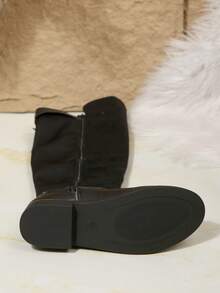 2025 Autumn/Winter New Women's Boots, Side Zipper Flat Boots With Metal Trim, Thick Sole Increased Height Knee-High Boots, Elastic Lycra Boot Shaft, Expandable Glossy Tall Boots For Women