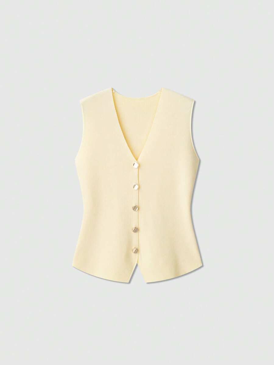 Flat Knit V-Neck Sleeveless Knitted Vest - Yellow - View 1
