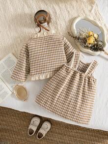 秋冬女宝宝优雅荷叶边卡其色千鸟格复古夹克和卡其色褶皱围裙法式连衣裙