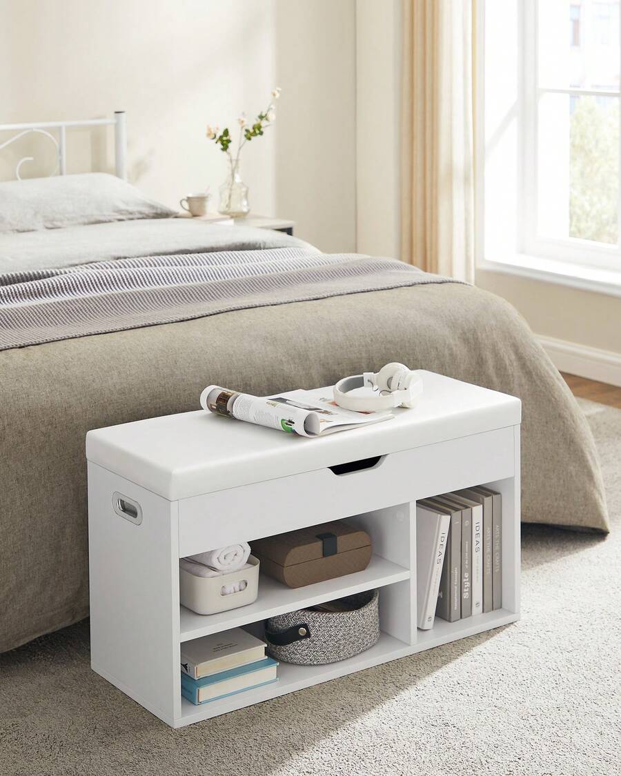 VASAGLE Banc à Chaussures Rembourré, Banc de Rangement, Rangement Caché, Étagères, Meuble d'Entrée, Capacité de Charge 136 kg, 30 x 80 x 44 cm, Blanc - Blanc - Voir 1