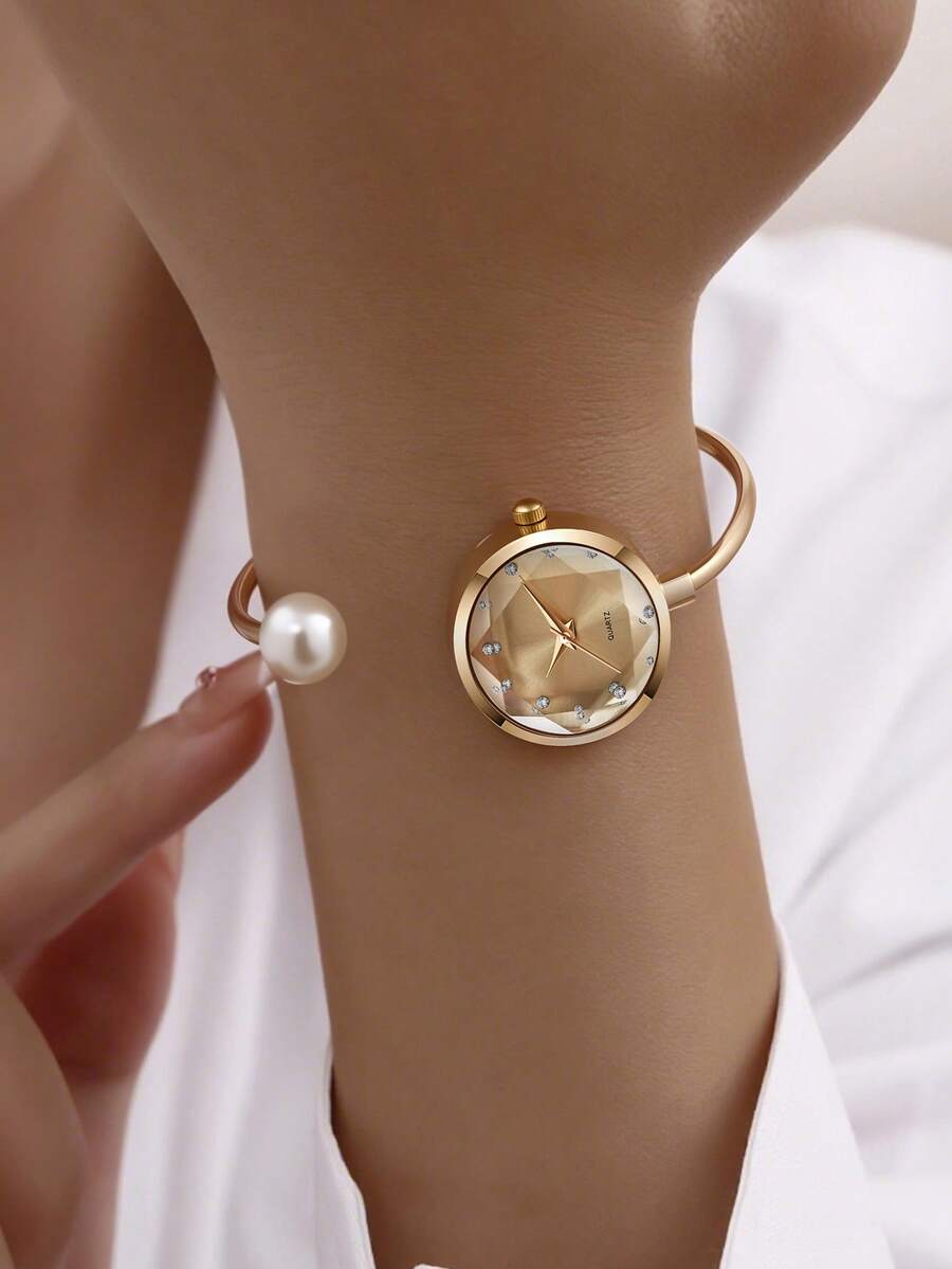 1pc Women's Delicate Bracelet Watch With 1 Large Pearl, Diamond-Cut Glass Crystal Dial, Minimalist Quartz Watch Bracelet - Gold - View 1