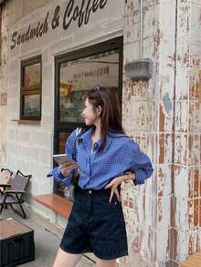 韩版复古休闲格子长袖衬衫，春季 - 藍色 - 查看 2