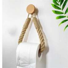 1pc Handmade Woven Wooden Rope Toilet Paper Holder & Towel Rack, No Drilling Required Bathroom Organizer Tissue Holder