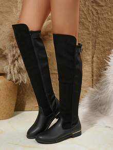 2025 Autumn/Winter New Women's Boots, Side Zipper Flat Boots With Metal Trim, Thick Sole Increased Height Knee-High Boots, Elastic Lycra Boot Shaft, Expandable Glossy Tall Boots For Women