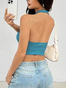 Chaleco top azul mujer escote halter botones moderno casual juvenil tejido con textura botones delanteros espalda al aire. - Azul claro - Ver 3