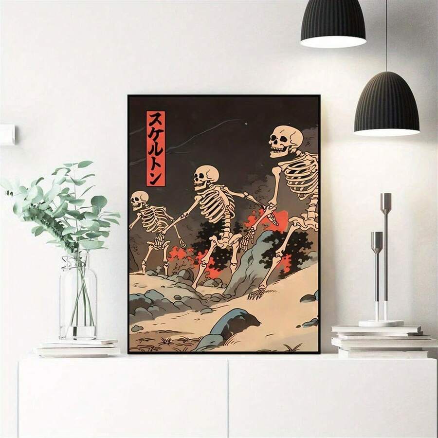 [Arte de lienzo japonés sin marco del cráneo] Impresión de arte de lienzo japonés Ukiyoe del cráneo - Decoración de pared sin marco para el hogar - Multicolor - Ver 1