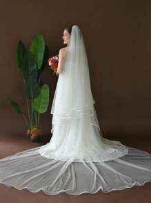 1 件双层缎边新娘面纱，适用于婚礼仪式面罩、摄影道具、教堂婚纱配饰，带发梳，超长拖尾 - 寬3米 - 查看 10