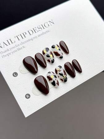 10-Piece Handmade Wearable Nail Tips, Short Almond-Shaped Press-On False Nails, Fashionable Brown Nails For Autumn And Winter, Hand-Painted Leopard Print Nails, Hand-Painted Irregular Brown And Black Animal Leopard Print With Irregular Gold Foil Embellishment, It Is A White And High-End Nail Art False Nail Tip Finished Product, Suitable For Ladies And Girls To Wear Daily, With Nail Set