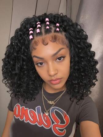 Peruci de dantelă frontale cu bandă de cauciuc împletită cu onduleuri de apă 13x4 cu păr de bebeluș pentru femei negre 16 inci fără noduri peruci de păr împletit cu cutie peruci creț Bob împletit din dantelă peruci