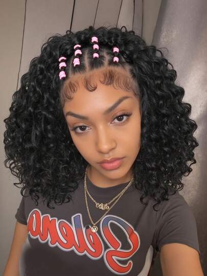 Parrucche intrecciate a trecce d'onda d'acqua con fascia in gomma, 13x4 pizzo front con capelli baby per donne di colore, 16 pollici, parrucche a trecce box senza nodi, parrucche riccio bob intrecciate con pizzo