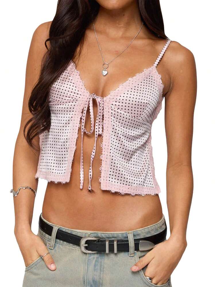 Women's Dot Print Camisole Tops Split Front Tie Lace Trim