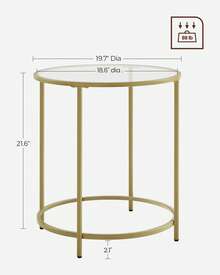 VASAGLE Round Side Table, Glass End Table With Metal Frame, For Living Room, Balcony, Bedroom - Gold - View 2
