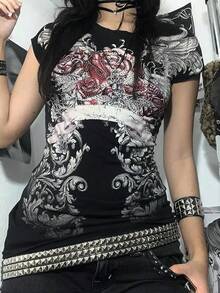 Grunge Shirts Emo Clothes Teen Girls Vintage Graphic Tee Y2k 2000s Goth Top Women Mcbling Short Sleeve StreetwearHalloween Christmas New Year 2026 - Đen Đỏ - Xem 2