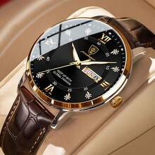 POEDAGAR 商务皮带男士手表 50 米防水经典商务正式棕色皮革表带礼品手表精准计时内置进口石英机芯水晶钻石刻度国际标准英文日历礼品男士生日纪念品返校必备品