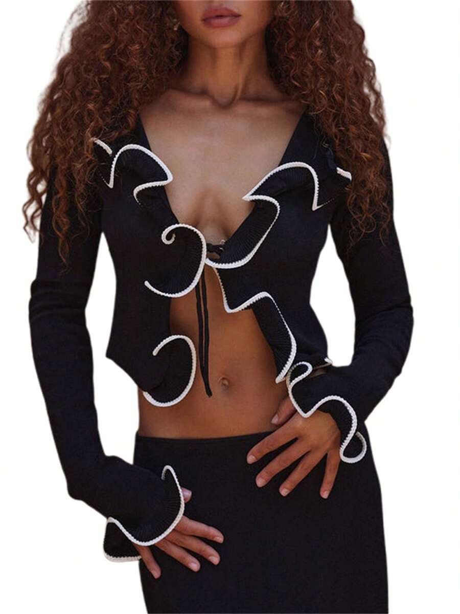 Women's Tie Front Knit Cardigan Solid Color/Contrast Color Long Sleeve Ruffled Cropped Sweater - Black - View 1