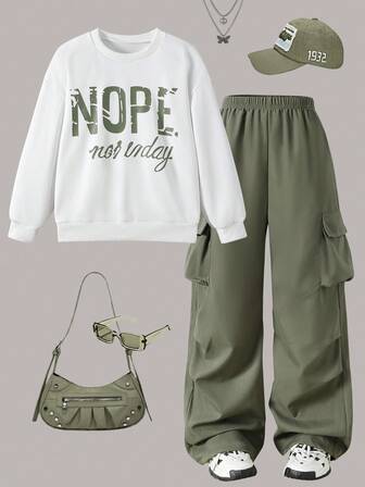2 st/set för tweenflickor, streetstyle, tröja med bokstavstryck och cargobyxor med flera fickor, lös passform, moderiktig streetwear, vår/höst