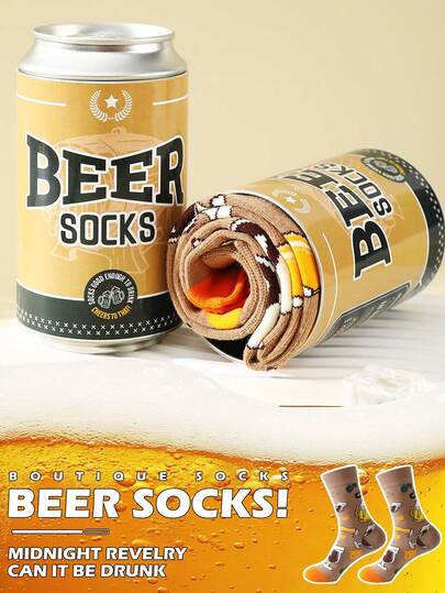 1 Pair Novelty Multicolor Beer Design Mid-Calf Socks Gift Box, 2025 Autumn/Winter New Unisex Sports Socks, Imaginative Food-Inspired Creative Design, Knitted Fabric, Long & Thick Soft & Comfortable, Perfect Gift For Easter, Birthday, Thanksgiving, Halloween, Christmas, Carnival, Valentine's Day, Family Gathering, Party Holidays