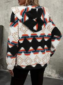 Women's Print Hooded Zip-Up Teddy Bear Jacket, Warm & Comfortable Long Sleeve Regular Polyester Coat Winter - 混合色 - 查看 2