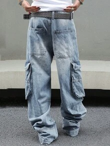 Men's Baggy Denim Cargo Pants Loose Fit Streetwear Wide Leg Workwear Style With Large Side Pockets - 淺色水洗藍 - 查看 4