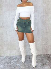 Chân váy denim ôm sát cạp cao, phong cách thường ngày mùa hè - Rửa trung bình - Xem 3