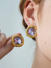 Frminee 1 Cặp bông tai đính đá Zirconia bằng thép không gỉ mạ vàng 18K cổ điển, Phụ kiện trang sức nữ, Trang sức phương Tây, Bông tai đính đá Zirconia khối trang trí, Hoàn hảo cho phụ nữ đeo như một phụ kiện hàng ngày hoặc quà tặng đám cưới - Màu tím - Xem 2