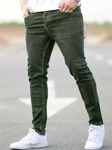 Men's  Green Slim Fit Stretch Jeans - Classic Elastic Denim Pants For All-Season Wear, Comfortable Skinny Tapered Leg Casual Trousers With Utility Pockets - 橄欖綠 - 查看 2