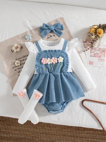 Autumn/Winter Baby Girl Cute Cap Sleeve Knitted Floral Patchwork Blue Bodysuit & Floral Socks & Blue Headband Set