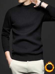 男士立领长袖纯色休闲套头毛衣，秋冬季保暖厚针织衫 - 黑色 - 查看 7