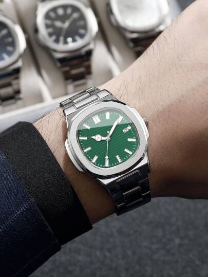 1pc Minimalist Square Dial Calendar Stainless Steel Strap Quartz Wrist Watch, Business (Watch Box Not Included) view 2