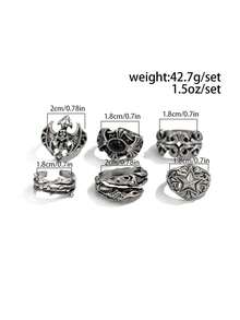 6 件朋克风格骷髅和星星设计戒指套装，适合男士日常休闲佩戴