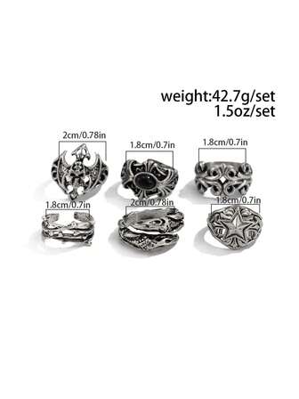 6pcs Punk Style Skull & Star Design Rings Set, Casual Everyday Wear For Men