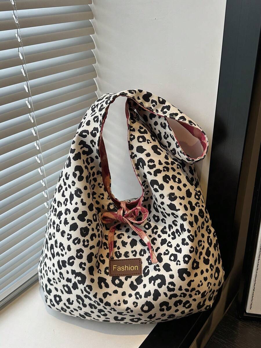 1pc Leopard & Plaid Pattern Polyester Large Capacity Reversible Tote Bag, Suitable For Casual Outings And Shopping In Autumn/Winter - Black and White - View 1