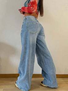 Women's Retro Loose Stacked Straight Denim Pants Casual Spring - Light Wash - View 2