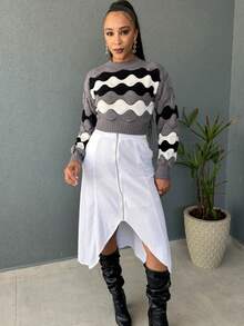 Striped Cropped Top Knitted Modal Office Daily Home Travel - 灰色與黑色 - 查看 3