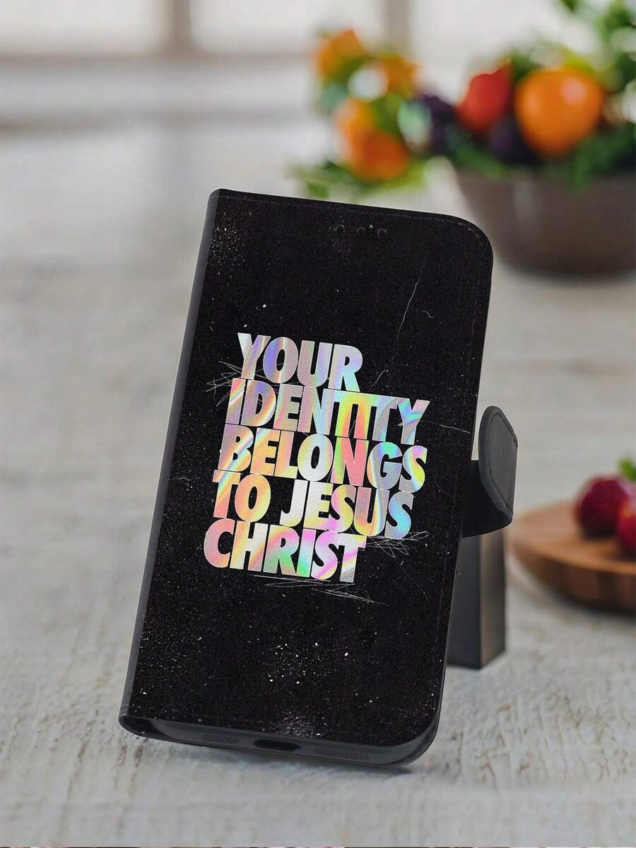 1pc Holographic Text Pattern Flip Phone Case For IPhone 16/16 Pro/16 Pro Max, Phone Case That Can Accommodate Bank Cards And Credit Cards, Phone Case Suitable For IPhone 11/12/13/14/15/16/Pro/Pro Max/Plus - 黑色 - 查看 1