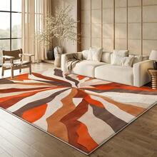 Modern Geometric Area Rug - Soft, Machine Washable, Non-Slip Design, Suitable For Living Room, Office Or Garden Decoration - Fashionable Brown, Orange And Beige Abstract Pattern - Lightweight Polyester Blend Material, Fluffy Texture, Living Room Rug | Modern Cushion Design | Texture Mat, Living Room Carpet Entryway Decor - Multicolor - View 1