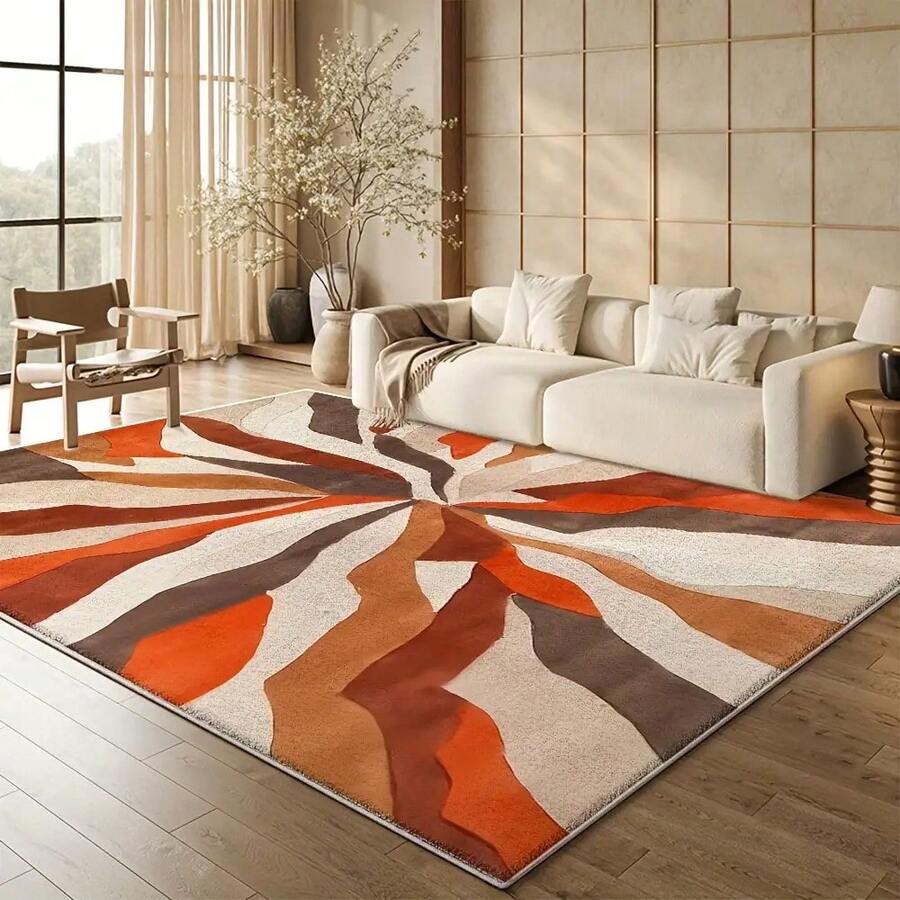 Modern Geometric Area Rug - Soft, Machine Washable, Non-Slip Design, Suitable For Living Room, Office Or Garden Decoration - Fashionable Brown, Orange And Beige Abstract Pattern - Lightweight Polyester Blend Material, Fluffy Texture, Living Room Rug | Modern Cushion Design | Texture Mat, Living Room Carpet Entryway Decor - Multicolor - View 1