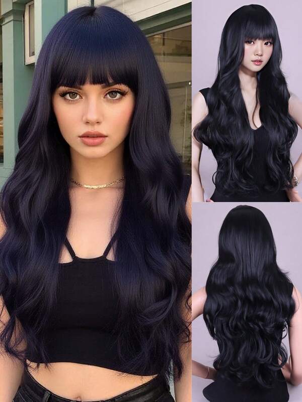 Black Water Wave Curly Bangs Wig, 28 Inches, Suitable For Daily Commuting And Party Styling.