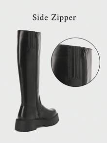 Knee High Boots Women,Platform Riding Boots,Thick Sole Knee High Boots With Zipper In Black,White,Brown - 黑色 - 查看 3