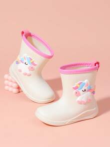 Giày đi mưa cao đến giữa bắp chân mới cho trẻ em, giày cao su dày dặn, ấm áp và bền chắc với họa tiết kỳ lân hoạt hình dễ thương và viền cầu vồng, giày cao su cao cấp dành cho bé gái, học sinh tiểu học, giày đi mưa cao đến giữa bắp chân kiểu dáng mới mẻ. - Màu be - Xem 5