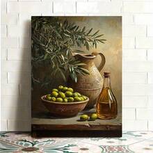 1pc, Rustic Still Life Canvas Wall Art Featuring Fresh Green Olives, Olive Tree Branches, A Vintage Ceramic Pitcher, And Oil Bottle. Ideal Mediterranean Farmhouse Style Picture Print For Kitchen, Dining Room, Or Pantry Wall Decor. - 彩色 - 查看 5