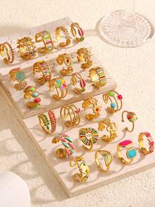 1/3/6/9/12pcs Stainless Steel Minimalist Enamel Geometric Open Ring Set, Suitable For Women's Daily Wear (Random Style Shipped) - Multicolor - View 2